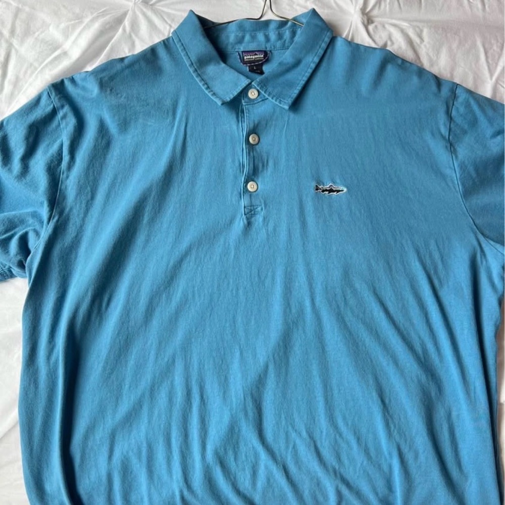 Patagonia Men's Aqua Blue Polo with Shark Logo